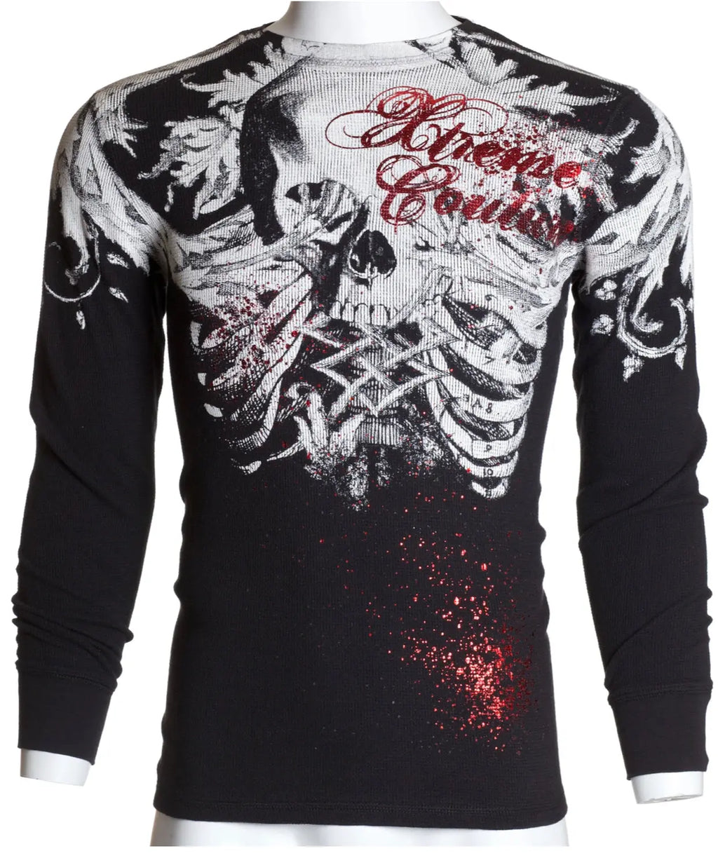 Xtreme Couture Men's Persimmon Gothic Thermal Crew Neck T-Shirt - s, 100% Cotton, Full Length Long Sleeve, Front & Back Printed Graphic, Gothic T-Shirts for Chill Days, Bold Style Menswear Top