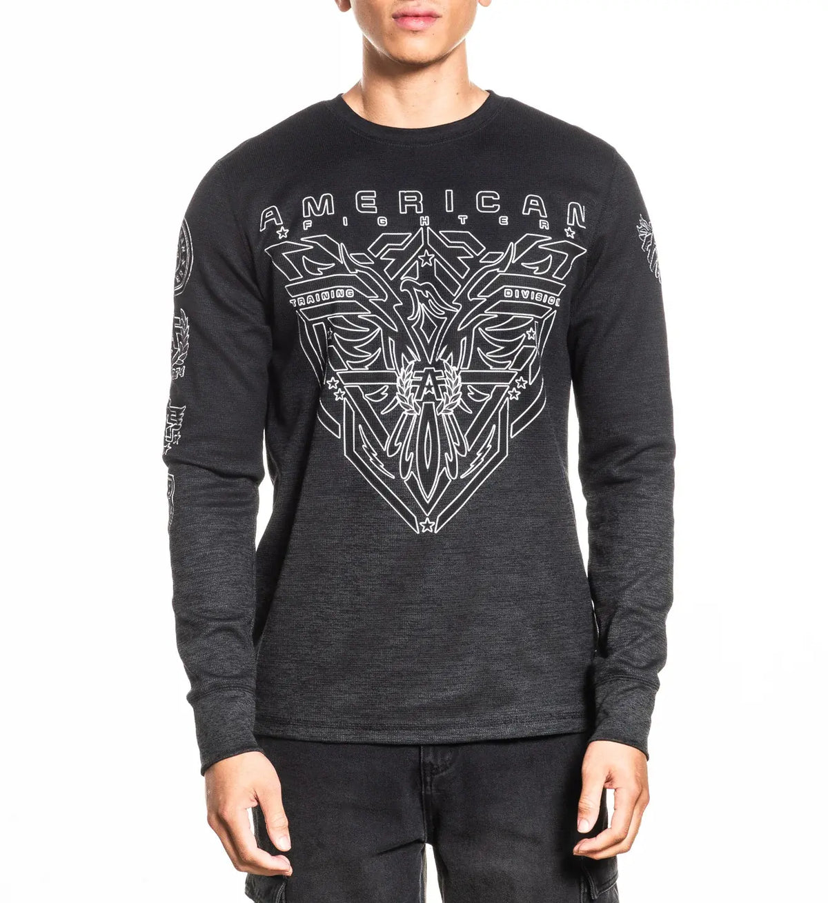 American Fighter Men's Black Rock Crew Neck Thermal Long-Sleeve Casual Graphic Top - Cotton-Blend Polyester Fabric, Sublimated Neo Tetris Design, Gothic, 90s Kid Aesthetic, All-Season, Pull-On, Cold-Wash Compatible, Top-Down Wear