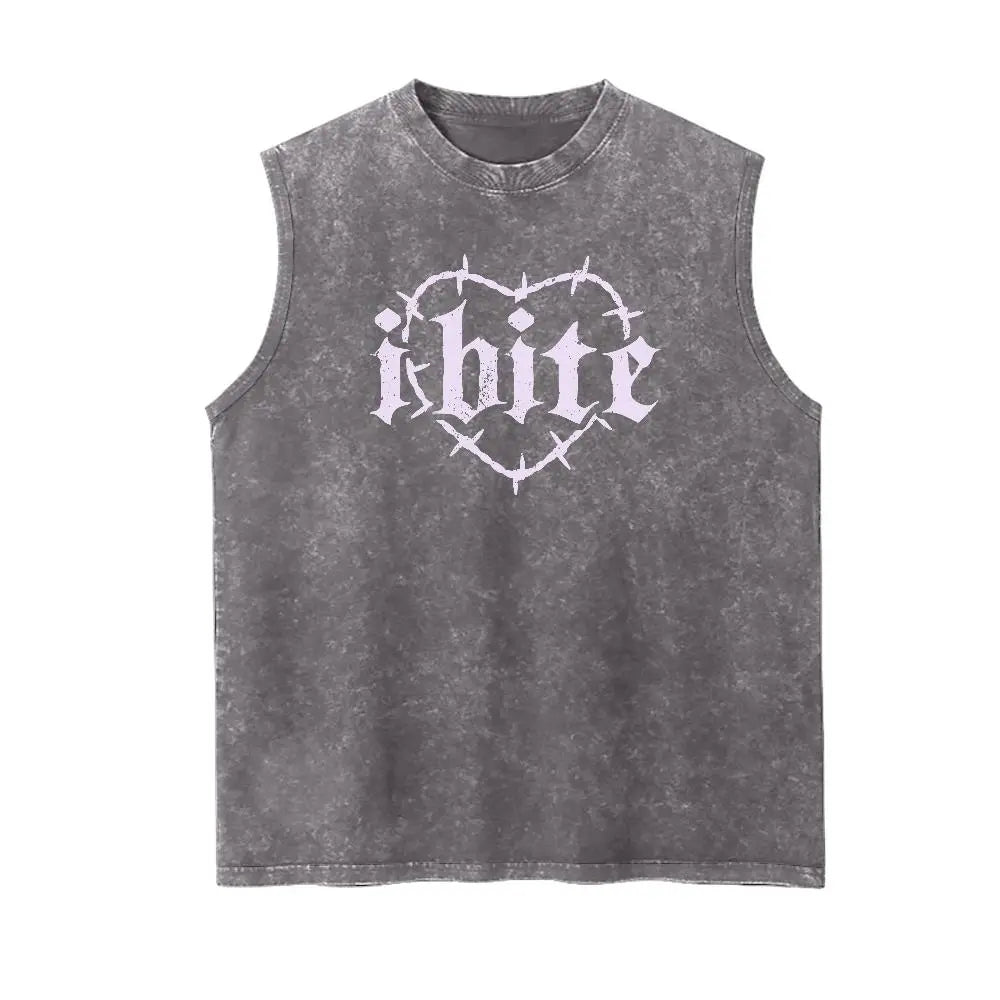 Men's "I Bite" Graphic Tank Top - 100% Cotton Vintage Washed Distressed Sleeveless Goth Streetwear, Soft Breathable Loose Fit Sarcastic Apparel, Casual Retro Alt Clothes Menswear, Tank Tops