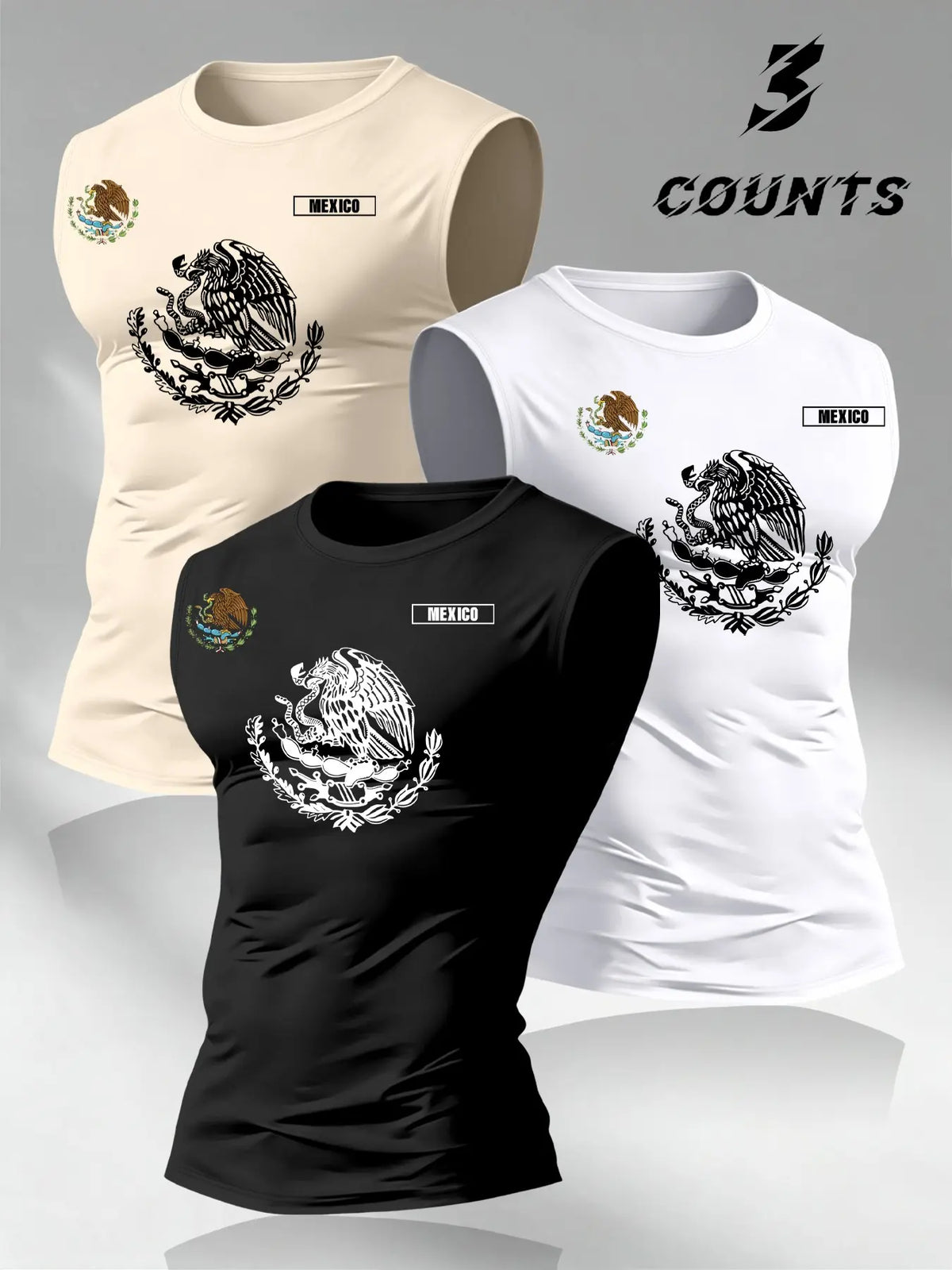 American Vintage Mexican Graphic Print Men's Tank Tops, 3-Pack Round Neck Sleeveless Tees, Trendy Tops for Memorial Day Apparel, Classic