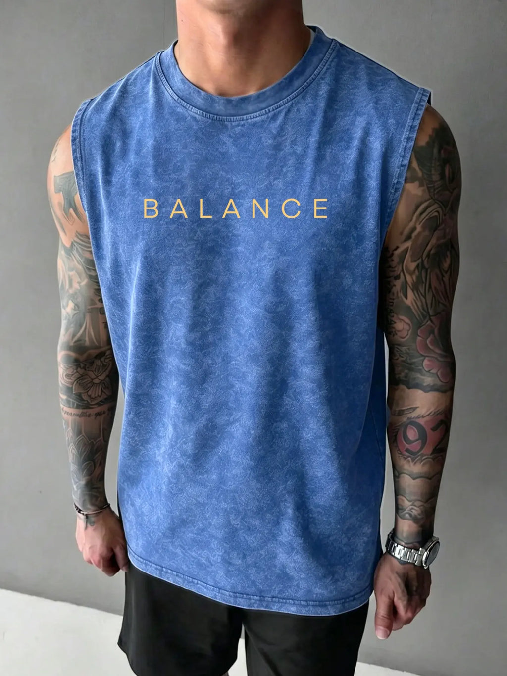100% Cotton Vintage Wash Sleeveless Tank Top, Brain Heart Balance Minimal Line Art Back Print Loose Fit Gym Sleeveless Activewear Fitness Wear Streetwear Graphic Vest, Sleeveless Workout Vest