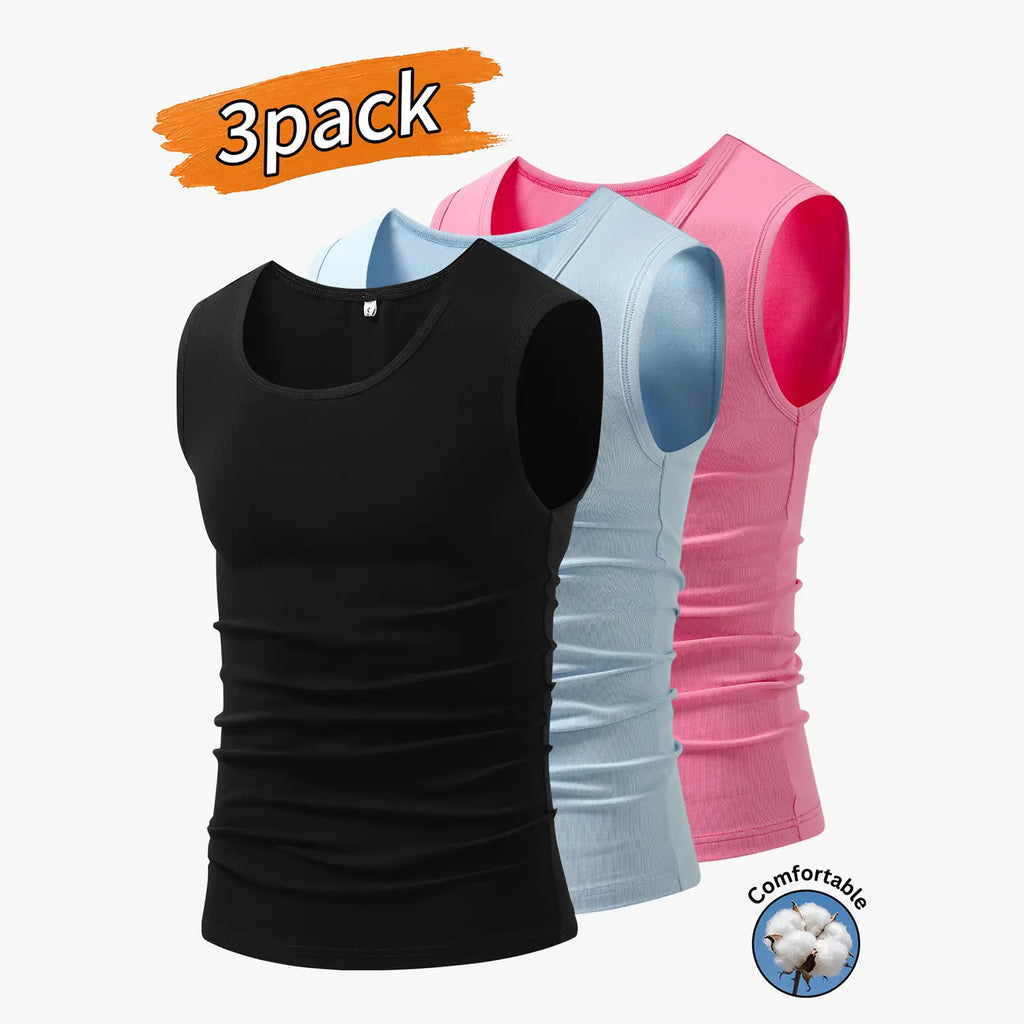 3-Pack Men’s Tank Tops, Men’s Sleeveless T-Shirts, Men’s Cotton Tank Tops Crew neck, simple design; soft, stretchy fabric that feels gentle against the skin and is breathable when worn. Suitable for everyday layering, home wear/sleeping, and workouts/runn