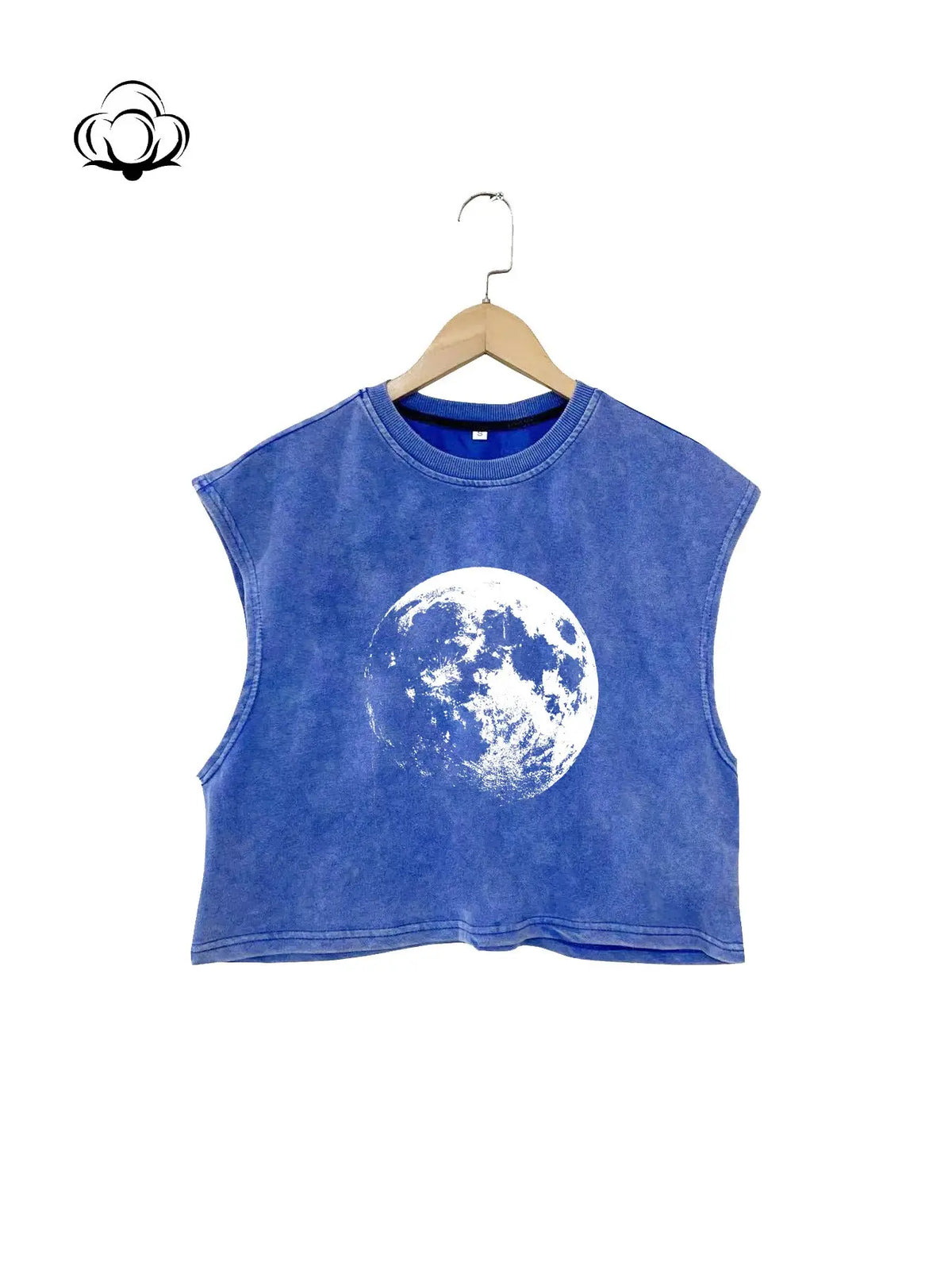 New Summer Short Round Neck Loose Fit Sleeveless Tank Top, Moon Planet Print, Unisex, Wide Arm Design, Pair with Bralette