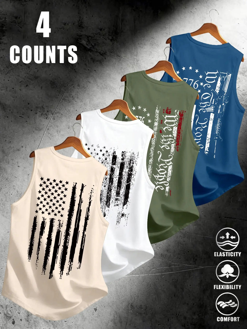 American Flag Print Men's Sleeveless Vest 4-Pack, Breathable Stretchy Fabric, Sporty Fitted, Comfortable for Daily Streetwear, Graphic Sleeveless Shirts