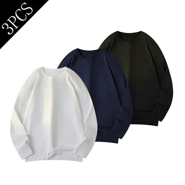 Men's Pure Cotton Soft Knit Thermal Crew Neck Long-Sleeve Shirt - Solid Plain, Warm, Casual Pull-On Pullover Top