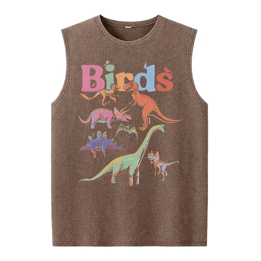 Women's 250g Heavyweight Vintage Cotton Vest - Retro Bird & Dinosaur Graphic Print, Smooth Soft Seamless Fabric, Seamless Underarm, Round Neck, Sleeveless, Loose-Fit Streetwear Shirts, 100% Cotton, All Seasons Casual Women's Vests, Foldable