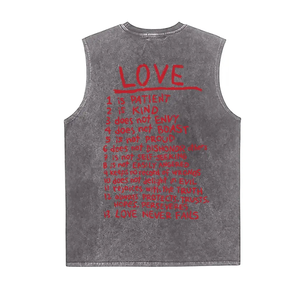 Men's 1 Corinthians 13 "Love Never Fails" Retro 90s Graphic Tank Top - High GSM Cotton, Garment Washed, Broken-In Softness, Sleeveless Vest, Textured Fade, Round Neck, Loose Fit, Distressed Drape, Retro Vibe, Modern Edge, Streetwear Use