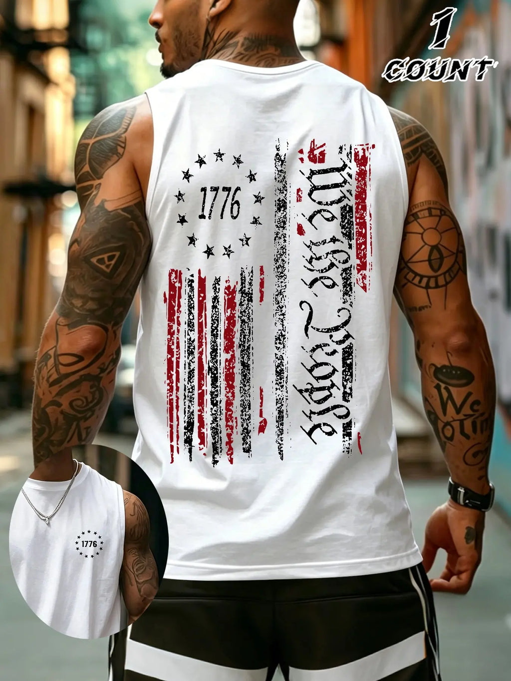 Men's Sleeveless Flag Print Tank Top, Breathable Stretchy Fabric, Street Style, Fitted Design, Comfortable Daily Wear, Streetwear Tank Vest, Sleeveless Tank Tops