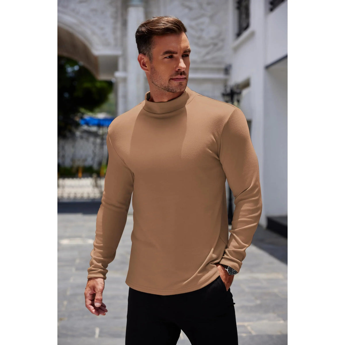 COOFANDY Men's Slim Fit Mock Turtleneck Long-Sleeve Spandex Knit Pullover Top - Basic Lightweight Thermal Undershirt with Warmth, Formal Work Wear for Pairing with Jackets, Suits, Jeans, Quality Fabric