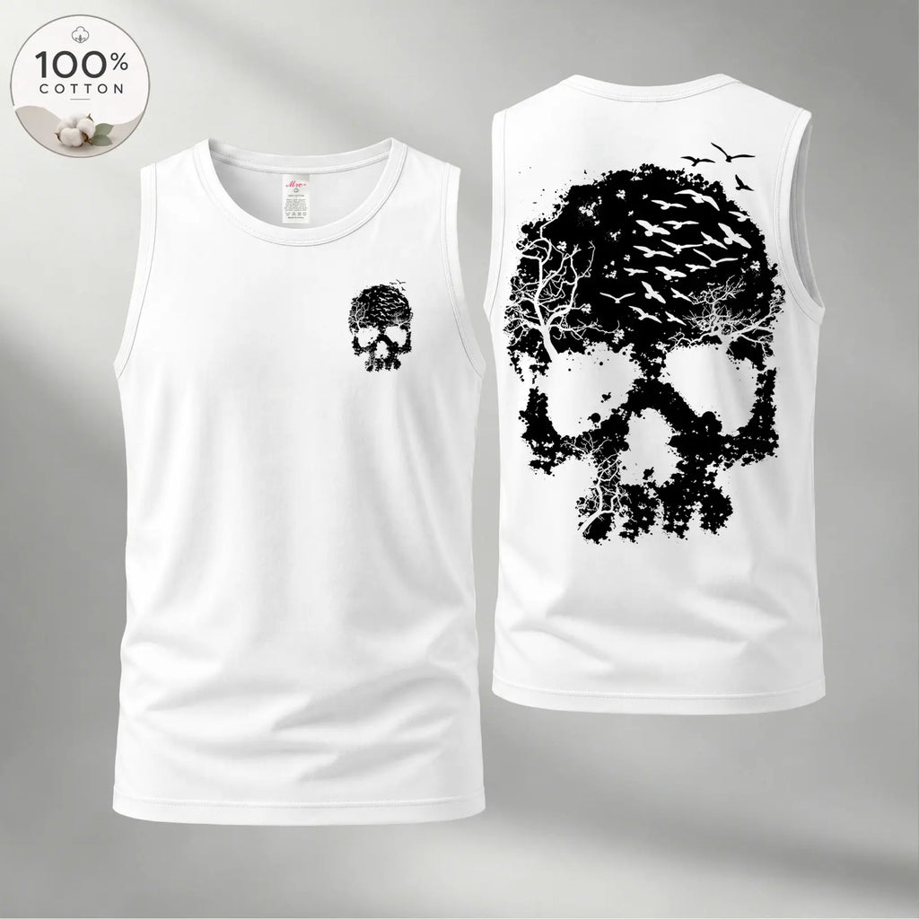 Men’s 100% Cotton Sleeveless Tank Top, Skull Graphic Muscle Shirt, Front and Back Print Casual Summer Tee, Soft Breathable Loose Fit Streetwear Top for Gym and Daily Wear