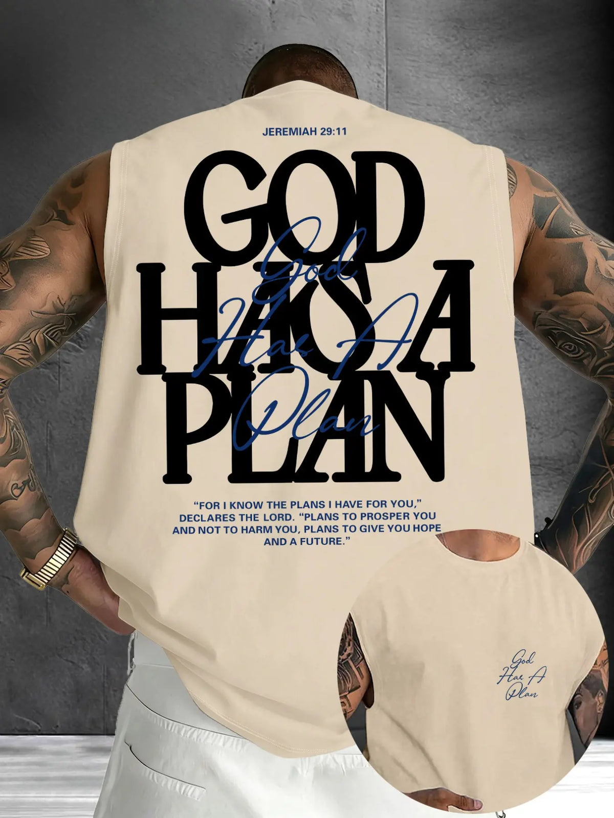 Men's "God Has A Plan" Graphic Sleeveless Shirts Print Urban Street Tank Top, Casual Christian Streetwear Vest, Faith Inspired Tee #GodHasAPlan #ChristianTankTop #FaithBasedStreetwear #ReligiousPrintTank #TikTokMadeMeBuyIt