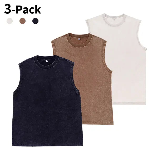 3-Pack Vintage Acid Wash Tank Tops - Heavyweight Cotton Sleeveless Streetwear T-Shirts, Unisex