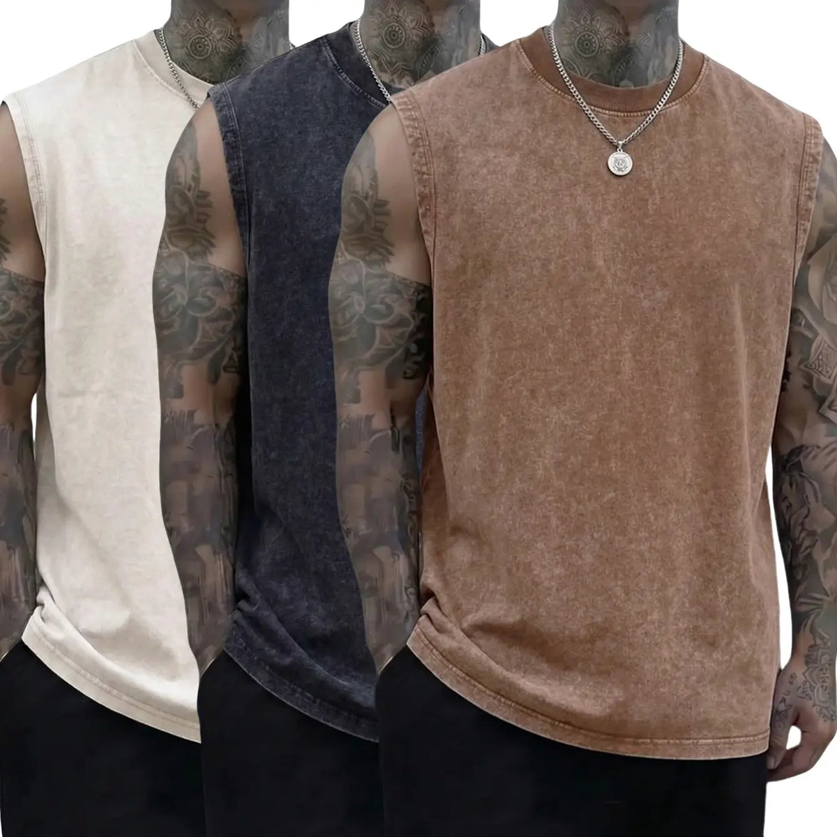 Men’s 3-Pack 230g Full Cotton Heavyweight Mock Neck Sleeveless Undershirts - Casual Vintage Clothing, Muscle Tee Vests, Athletic Sleeveless Vests, Loose Fit Solid Color Skin-Friendly Unisex Retro Tank Tops, Machine Washable, Suitable for Sports