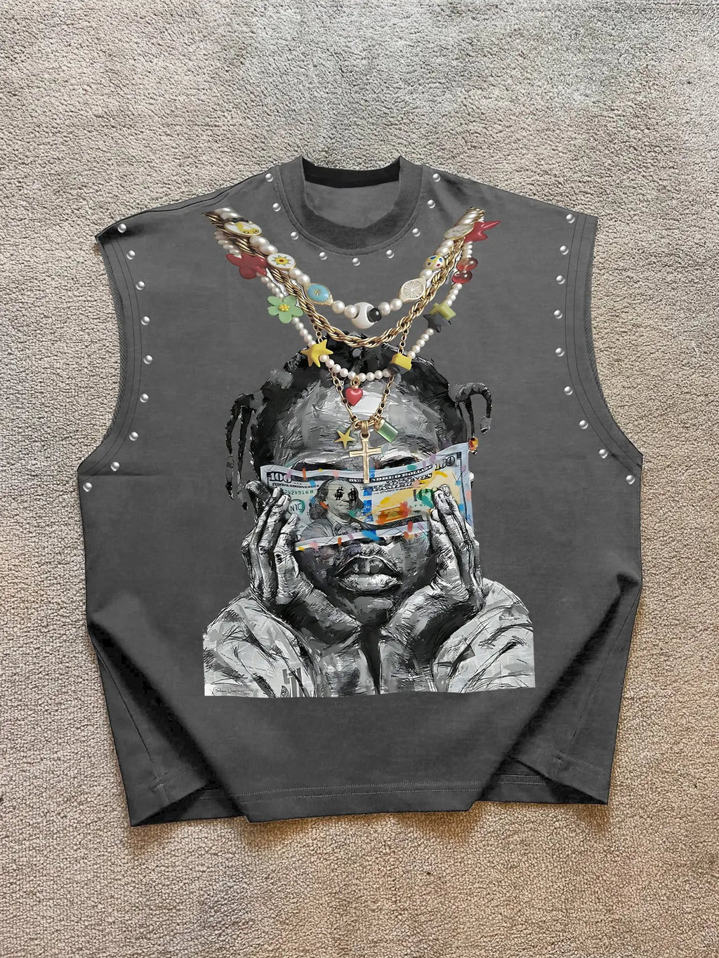 Trendy Men's Round Neck Asymmetrical Fashion Tank Top Vest with Character Graphic Print Front, Decorative Necklace Design, Letter Slogan Back, Skin-Friendly Fabric, Streetwear Style