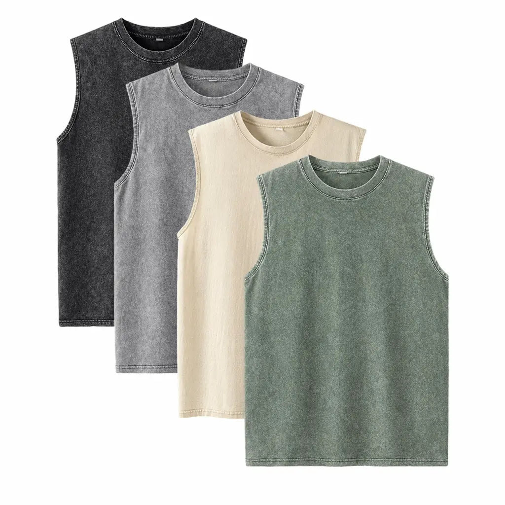 Men’s Plus-Size 4-Piece Classic Crew Neck Tshirt Set, Heavyweight Cotton, Stone-Washed Distressed Finish, Relaxed Drop-Shoulder, Reinforced Ribbed Trim, Retro Streetwear, Black+Gray+Green+Brown, Suitable for Fitness, American High-Street Basic