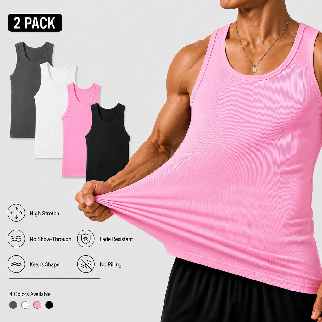 Summer men’s 2-pack anti-crease, no-bulge, high-stretch sleeveless U-neck tank tops—colorfast, wear-resistant, non-pilling, shape-stable—suitable for everyday, indoor, and sports casual wear.