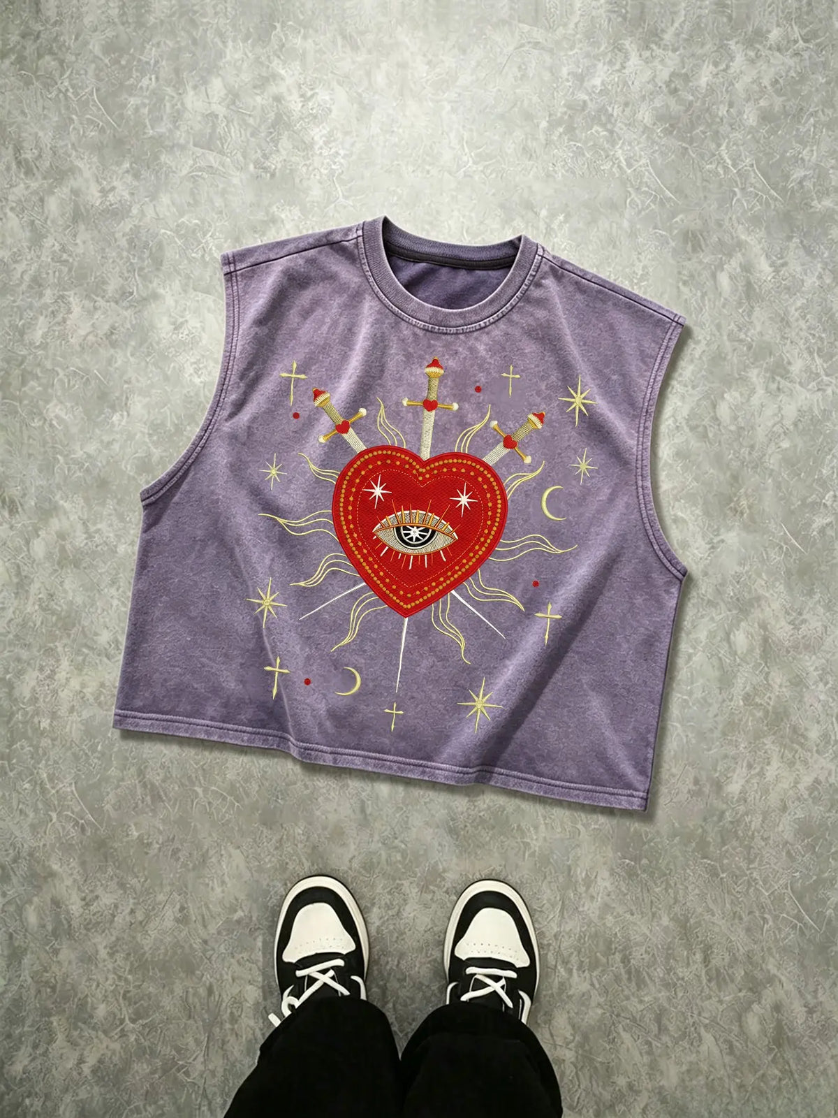 Men's Vintage-Washed Sleeveless Loose Baggy Oversized Graphic Tank Tops with Sacred Heart and All-Seeing Eye Graphic Print, Gothic Streetwear Vest
