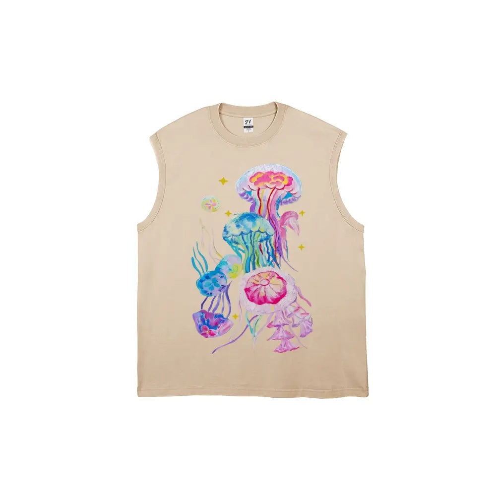 Men's Retro Streetwear Vintage Washed Cotton Fabric Tank Top - Breathable Sleeveless Cargo Graphic Vest with Colorful Watercolor Jellyfish & Stars Print