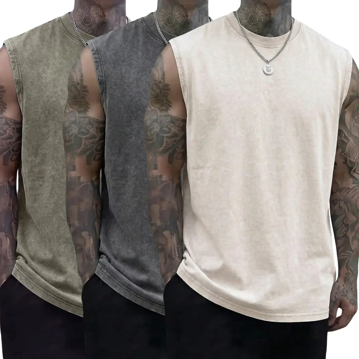 Men’s 3-Pack 230g Full Cotton Heavyweight Mock Neck Sleeveless Undershirts - Casual Vintage Clothing, Muscle Tee Vests, Athletic Sleeveless Vests, Loose Fit Solid Color Skin-Friendly Unisex Retro Tank Tops, Machine Washable, Suitable for Sports