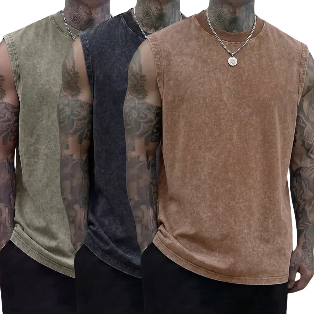 Men’s 3-Pack 230g Full Cotton Heavyweight Mock Neck Sleeveless Undershirts - Casual Vintage Clothing, Muscle Tee Vests, Athletic Sleeveless Vests, Loose Fit Solid Color Skin-Friendly Unisex Retro Tank Tops, Machine Washable, Suitable for Sports