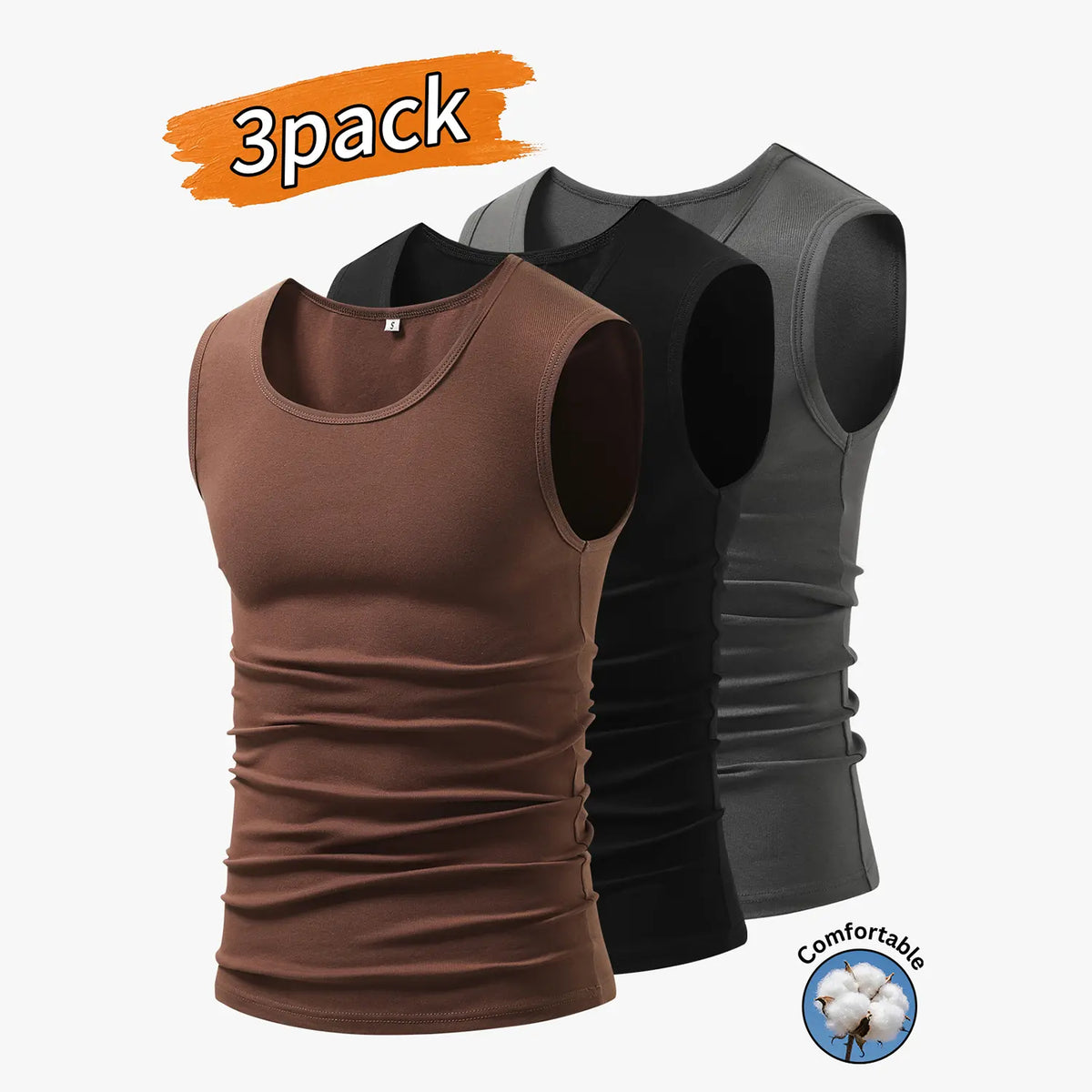3-Pack Men’s Tank Tops, Men’s Sleeveless T-Shirts, Men’s Cotton Tank Tops Crew neck, simple design; soft, stretchy fabric that feels gentle against the skin and is breathable when worn. Suitable for everyday layering, home wear/sleeping, and workouts/runn