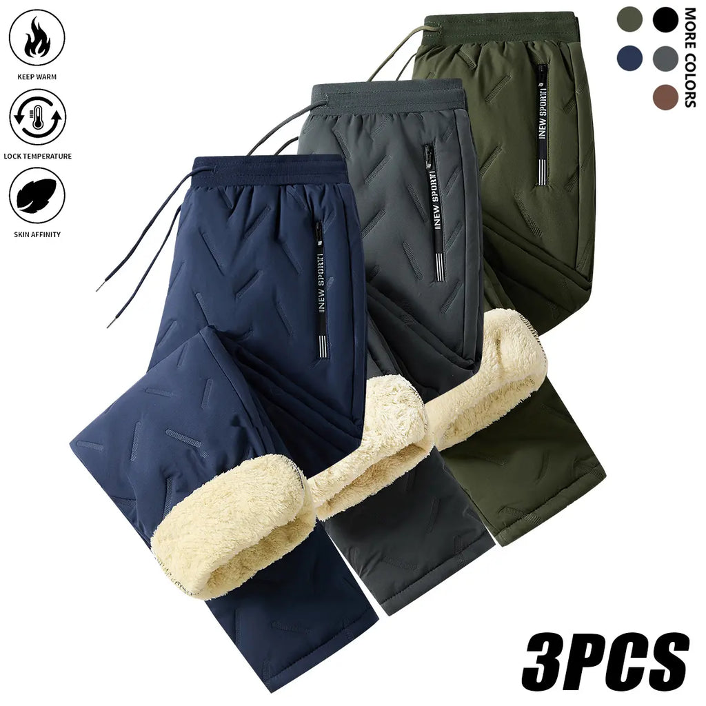 Men’s 3-Pack Fleece-Lined Plain Full-Length Solid Thermal Pants - Low-Rise Elastic Waistband with Drawstring, Zippered Pockets, Machine-Washable Woven Casual Menswear for Under-Layer Warmth