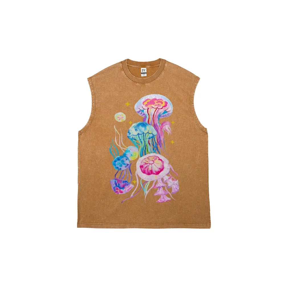 Men's Retro Streetwear Vintage Washed Cotton Fabric Tank Top - Breathable Sleeveless Cargo Graphic Vest with Colorful Watercolor Jellyfish & Stars Print