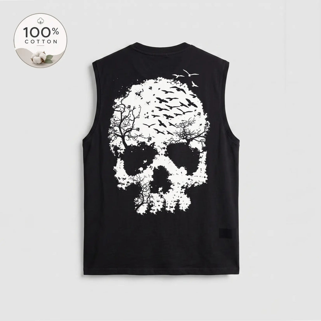 Men’s 100% Cotton Sleeveless Tank Top, Skull Graphic Muscle Shirt, Front and Back Print Casual Summer Tee, Soft Breathable Loose Fit Streetwear Top for Gym and Daily Wear