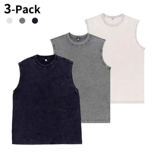 3-Pack Vintage Acid Wash Tank Tops - Heavyweight Cotton Sleeveless Streetwear T-Shirts, Unisex