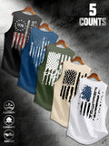 Men's Wide Shoulder Vest Tank Top Set of 5, Usa Flag Print Design, Summer Sleeveless T-Shirt, Comfortable Fashion Top for Daily Wear, Sleeveless Summer Shirts