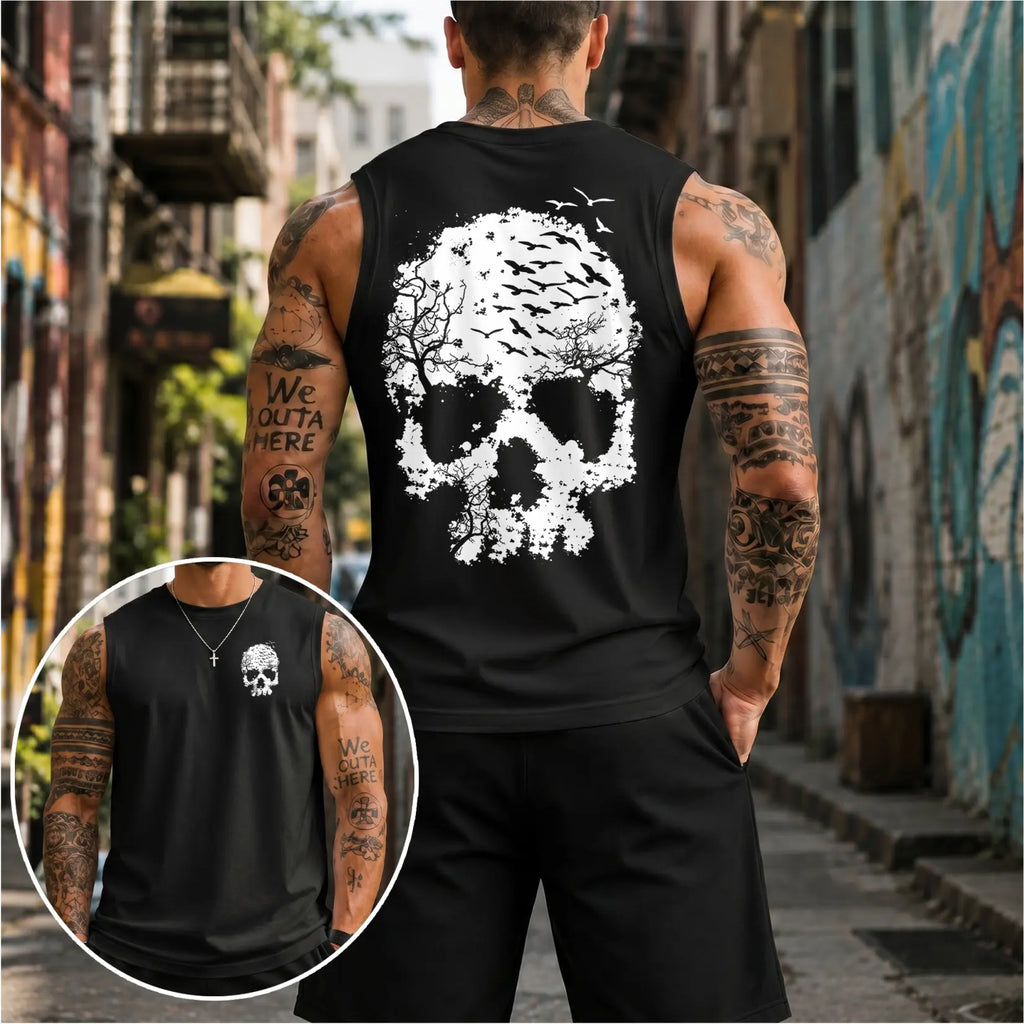 Men’s 100% Cotton Sleeveless Tank Top, Skull Graphic Muscle Shirt, Front and Back Print Casual Summer Tee, Soft Breathable Loose Fit Streetwear Top for Gym and Daily Wear