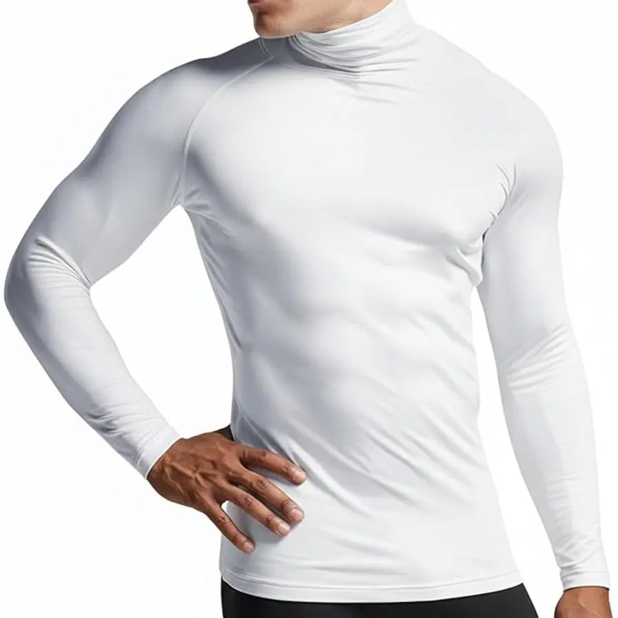 High Level HL Men's High-Neck Thermal Compression Long-Sleeve Plain T-Shirt with Face Cover Option - All-Season Athletic Fitted Activewear (Black, Grey, White, Navy)