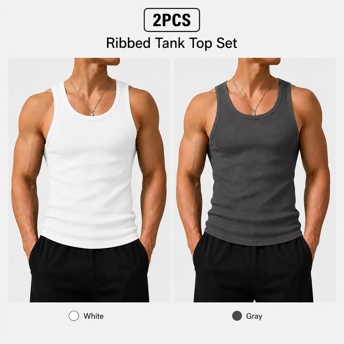 Summer men’s 2-pack anti-crease, no-bulge, high-stretch sleeveless U-neck tank tops—colorfast, wear-resistant, non-pilling, shape-stable—suitable for everyday, indoor, and sports casual wear.