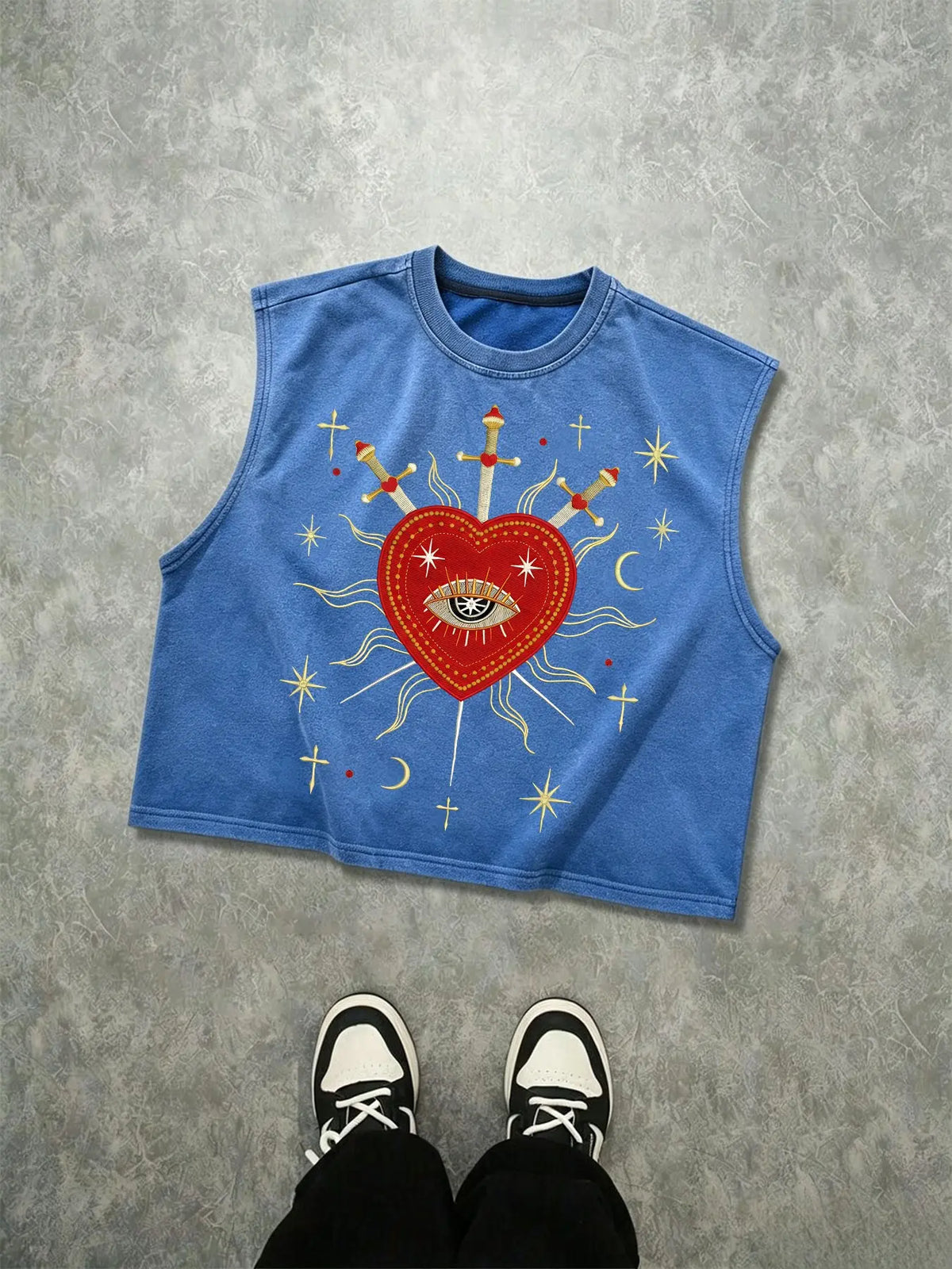 Men's Vintage-Washed Sleeveless Loose Baggy Oversized Graphic Tank Tops with Sacred Heart and All-Seeing Eye Graphic Print, Gothic Streetwear Vest