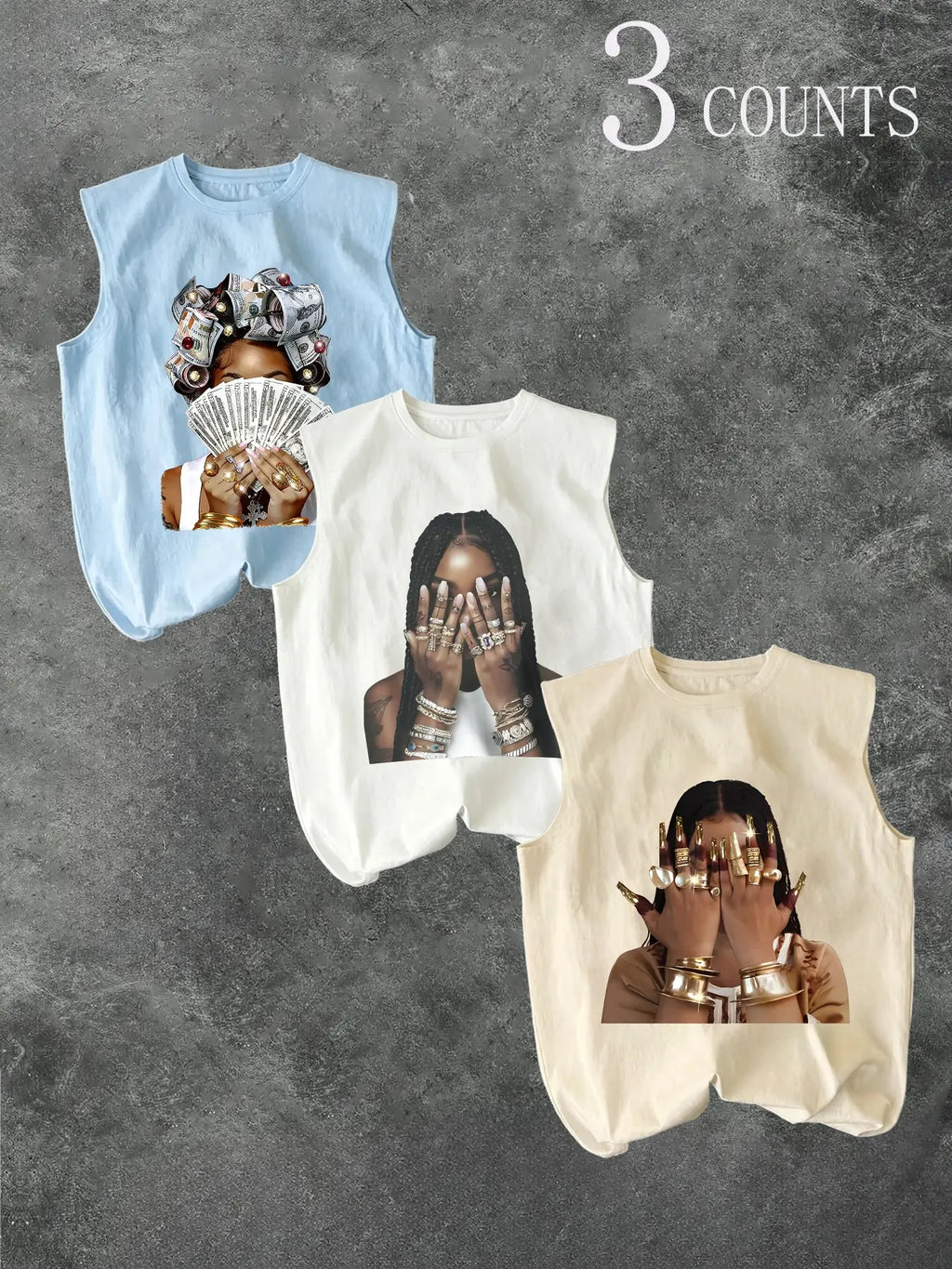 Men's Three-Piece Trendy Casual Oversized Loose Sleeveless Vest Set, Face-Wiping Woman Graphic Print, Perfect for Summer Clothes, Vacation, Friend Gatherings