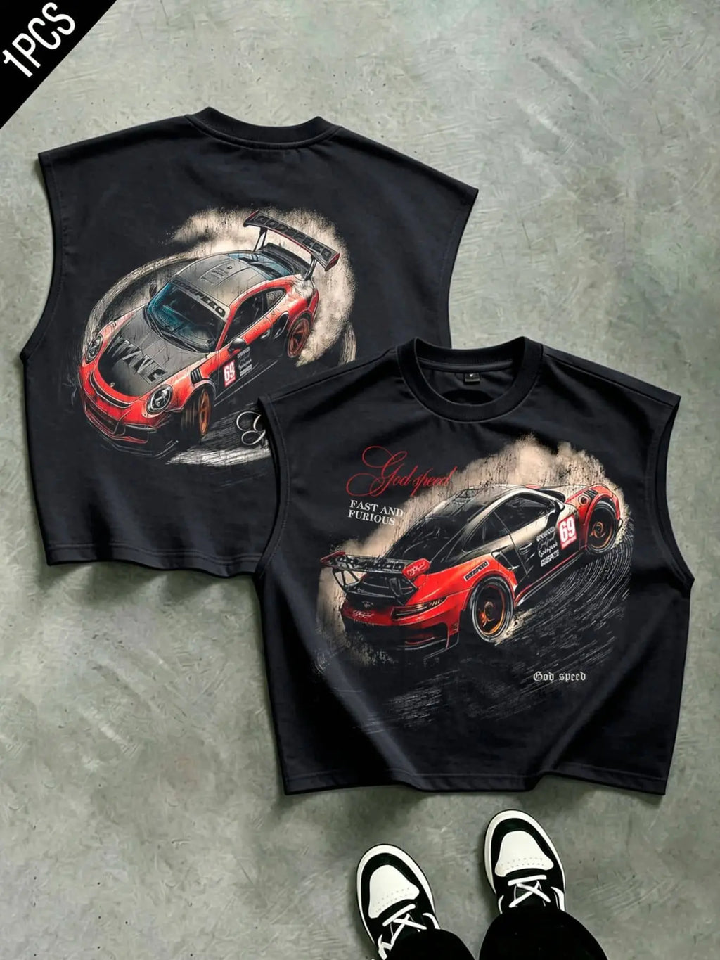 Godspeed drift sports car No. 69 Graphic printed men's vest is loose and heavy, American retro style sports racing printed men's vest, sleeveless T-shirt for men and women, daily street sports vest party rock outdoor
