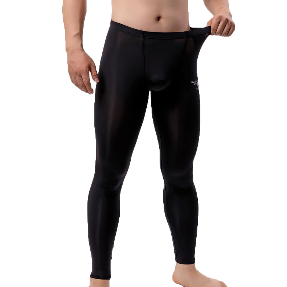 Men's Ice Silk Sheer Leggings Pants Underwear Bottoms Low Rise Elastic Trousers Long Johns