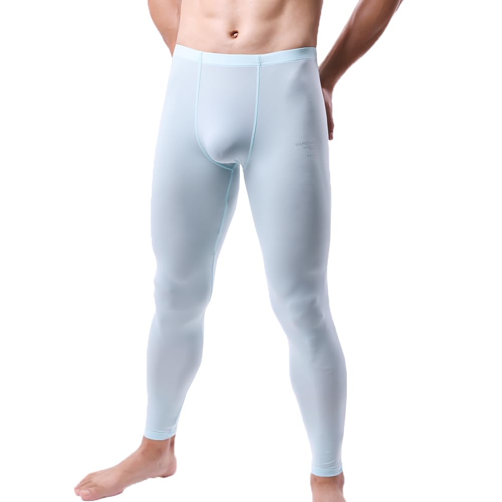 Men's Ice Silk Sheer Leggings Pants Underwear Bottoms Low Rise Elastic Trousers Long Johns