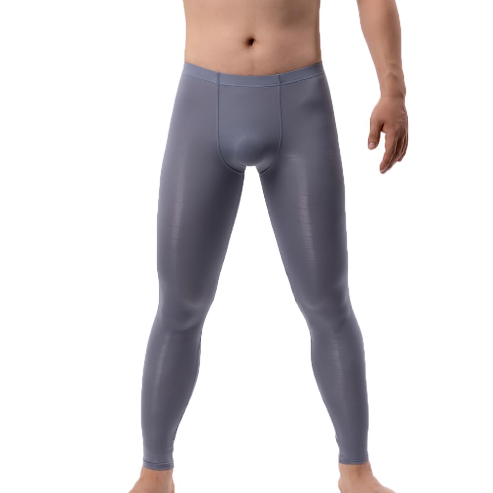 Men's Ice Silk Sheer Leggings Pants Underwear Bottoms Low Rise Elastic Trousers Long Johns