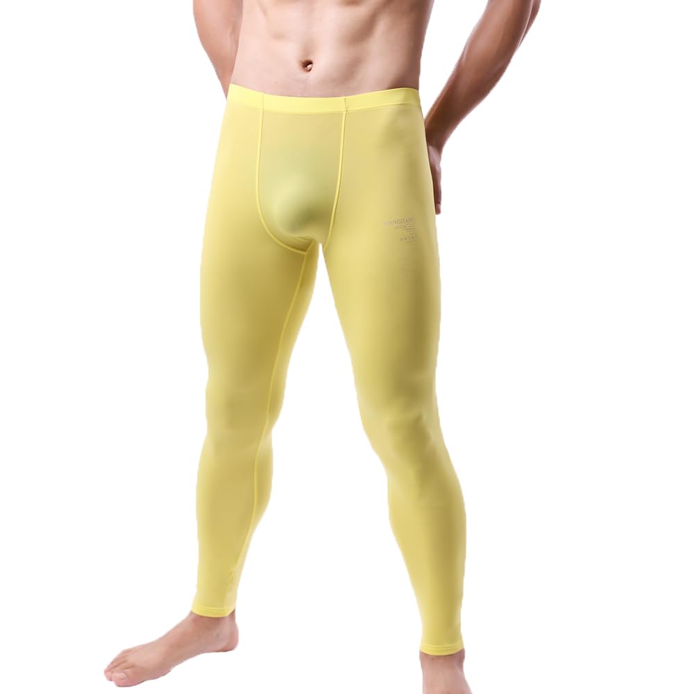 Men's Ice Silk Sheer Leggings Pants Underwear Bottoms Low Rise Elastic Trousers Long Johns