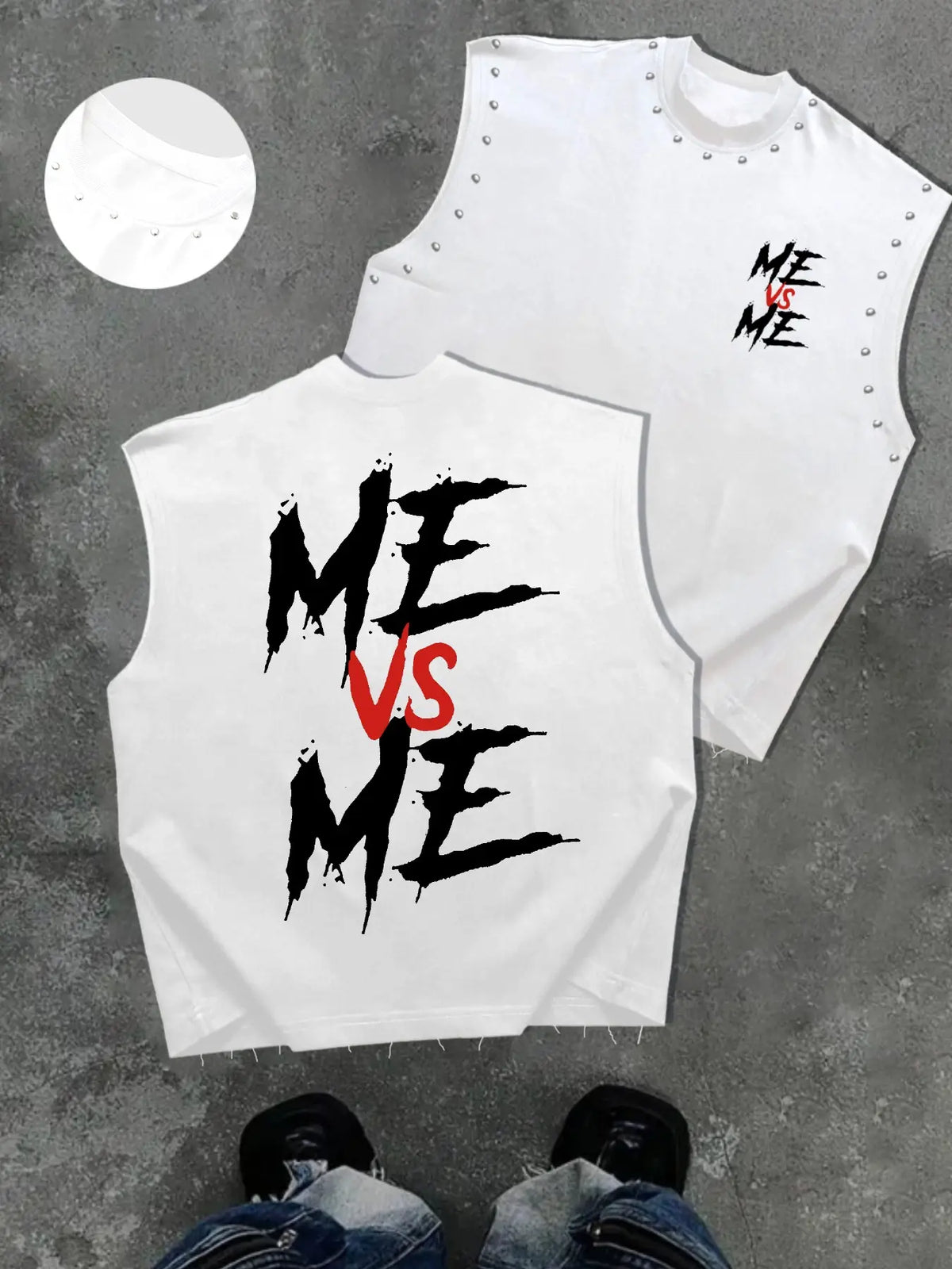 Men's Casual Sleeveless T-Shirt, Comfortable Me Vs Me Graphic Streetwear Tank Top, Trendy Design Top, Menswear, Round Neck, Streetwear Graphic Print