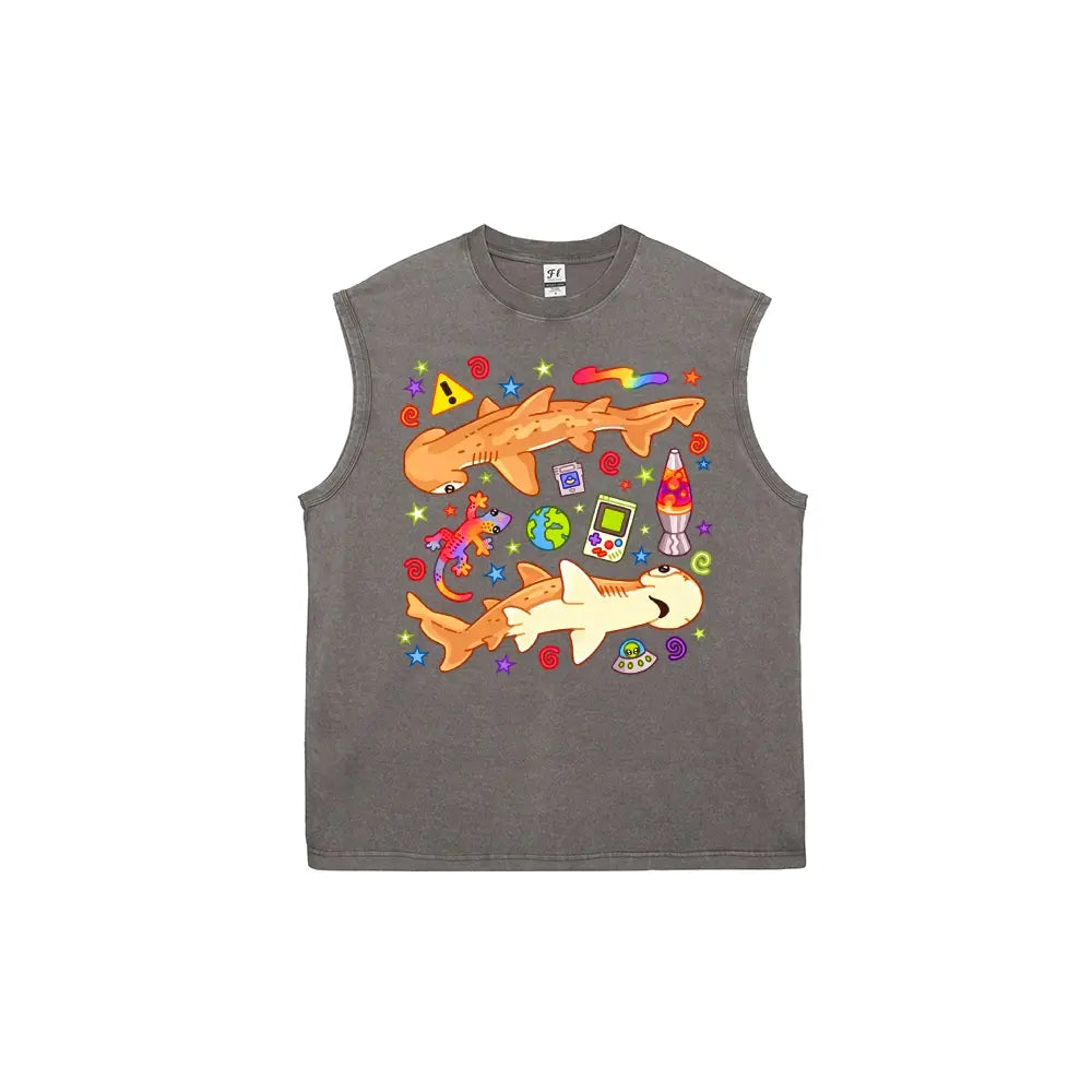 Ocean, childlike fun, psychedelic Cartoon Hammerhead Shark Unisex Plus Size Summer Graphic Tees Personalized Pattern Y2k Clothing Round Neck Short-Sleeved Washed Vests,Women's Clothing 100% Cotton, Menswear, Top, Vintage Style, Casual Oversized