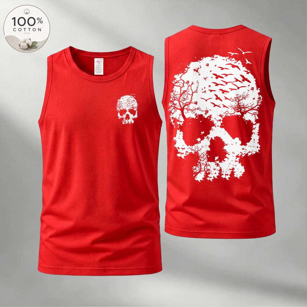 Men’s 100% Cotton Sleeveless Tank Top, Skull Graphic Muscle Shirt, Front and Back Print Casual Summer Tee, Soft Breathable Loose Fit Streetwear Top for Gym and Daily Wear