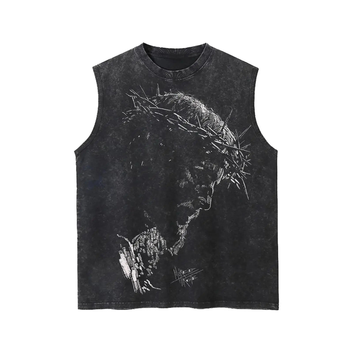 Men’s 100% Cotton Sleeveless "Jesus Crown of Thorns" Tank Top - Stylish Tank Tops, Loose Fit Distressed Black Retro Casual Vintage Washed Look Faith Art Statement Snowflake Wash Spring Vesttop