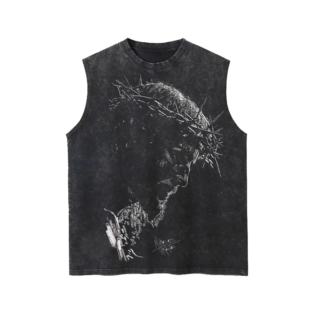 Men’s 100% Cotton Sleeveless "Jesus Crown of Thorns" Tank Top - Stylish Tank Tops, Loose Fit Distressed Black Retro Casual Vintage Washed Look Faith Art Statement Snowflake Wash Spring Vesttop