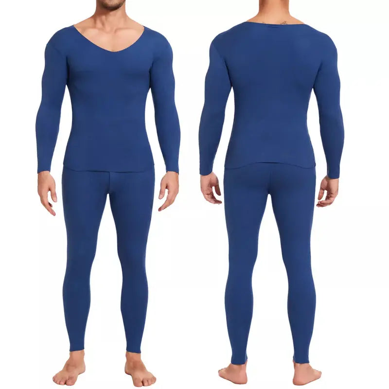 Men's 2-Piece Thermal Underwear Set - V-Neck Fleece-Lined Polyester Fabric Top & Base Layer, Soft Stretch Plain Preppy Minimalist Menswear for Skiing, Camping, Gym Use, Easter-Ready