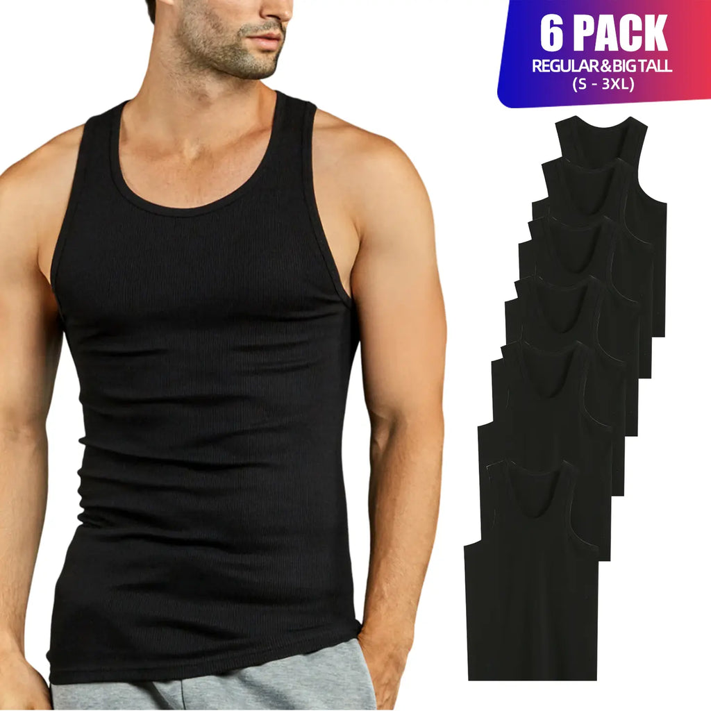 Men's 6-Pack 100% Cotton Ribbed Tank Tops, Breathable Sleeveless Underwear Undershirts, Solid Classic Casual Menswear for Workout, S-3XL Regular & Big & Tall Sizes