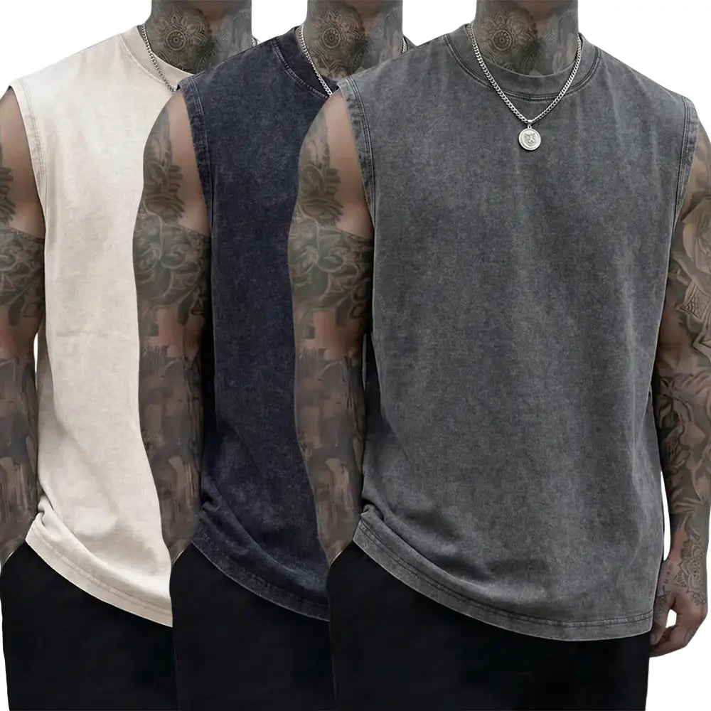 Men’s 3-Pack 230g Full Cotton Heavyweight Mock Neck Sleeveless Undershirts - Casual Vintage Clothing, Muscle Tee Vests, Athletic Sleeveless Vests, Loose Fit Solid Color Skin-Friendly Unisex Retro Tank Tops, Machine Washable, Suitable for Sports