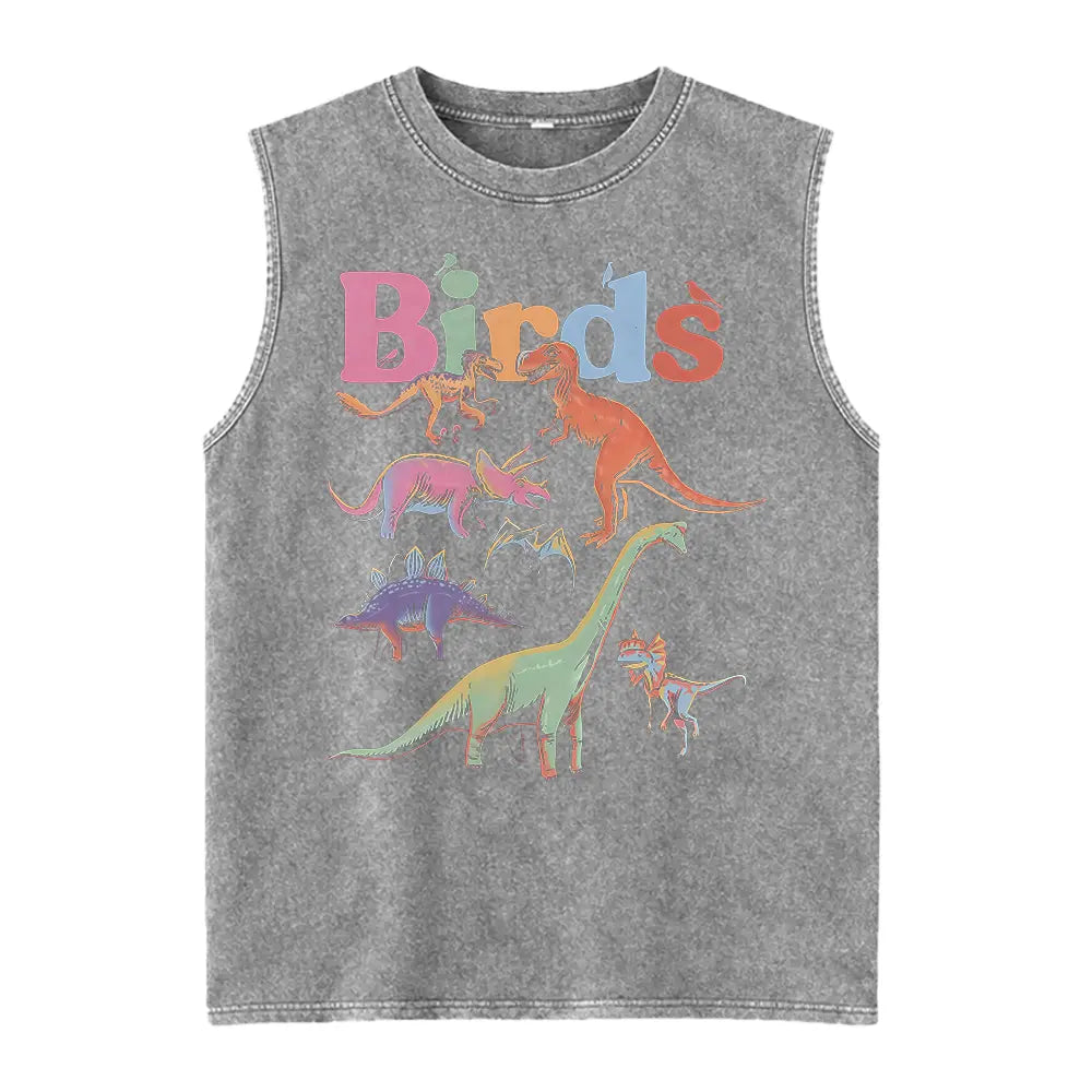 Women's 250g Heavyweight Vintage Cotton Vest - Retro Bird & Dinosaur Graphic Print, Smooth Soft Seamless Fabric, Seamless Underarm, Round Neck, Sleeveless, Loose-Fit Streetwear Shirts, 100% Cotton, All Seasons Casual Women's Vests, Foldable