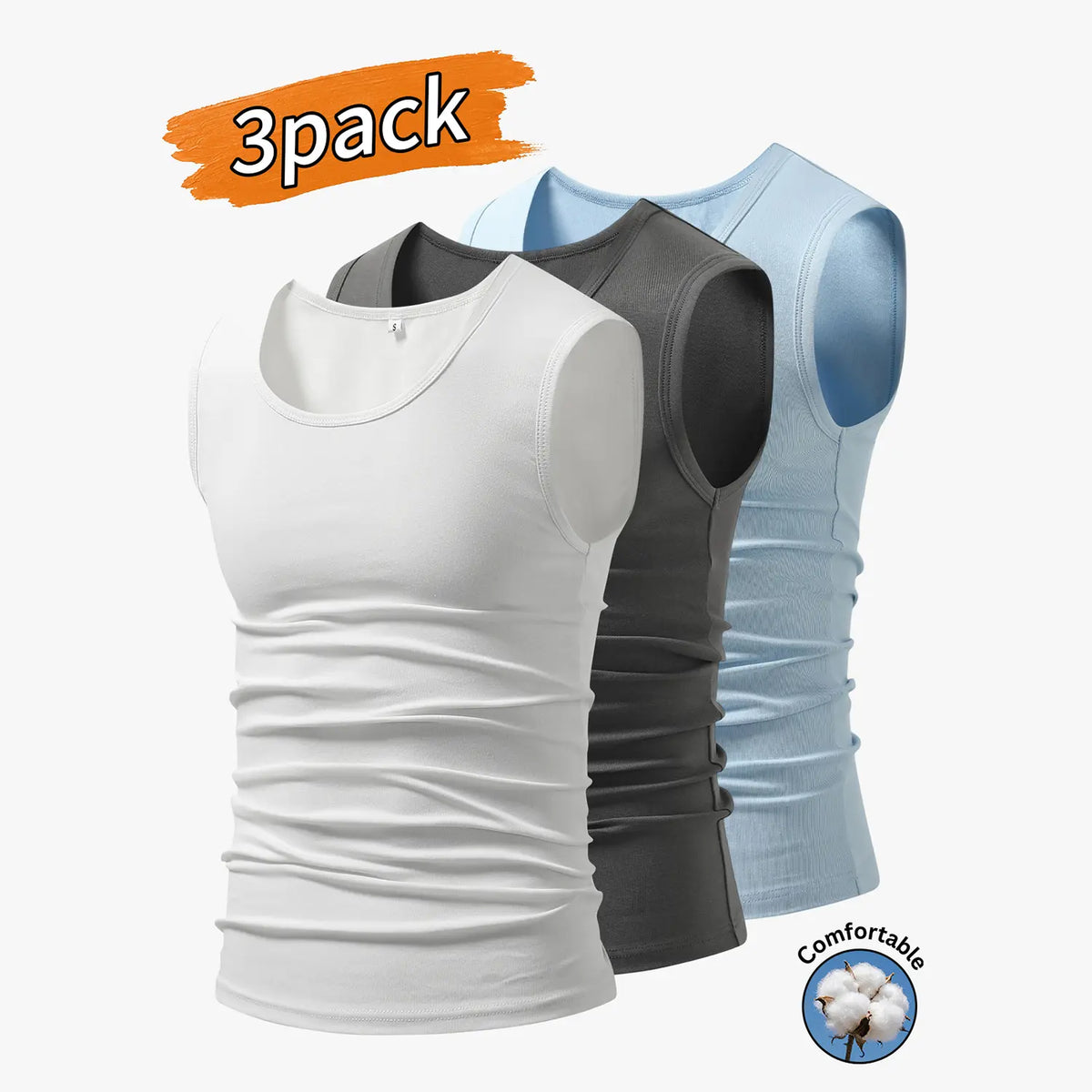 3-Pack Men’s Tank Tops, Men’s Sleeveless T-Shirts, Men’s Cotton Tank Tops Crew neck, simple design; soft, stretchy fabric that feels gentle against the skin and is breathable when worn. Suitable for everyday layering, home wear/sleeping, and workouts/runn